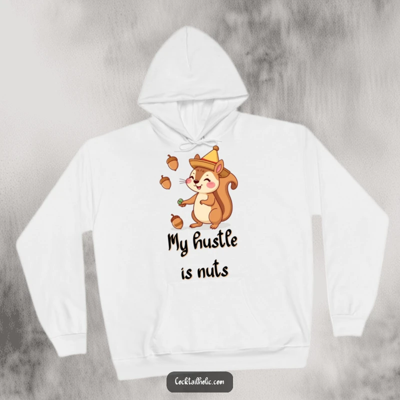 Funny hoodie with a cheerful squirrel in a sombrero juggling acorns, a cozy and humorous apparel choice.