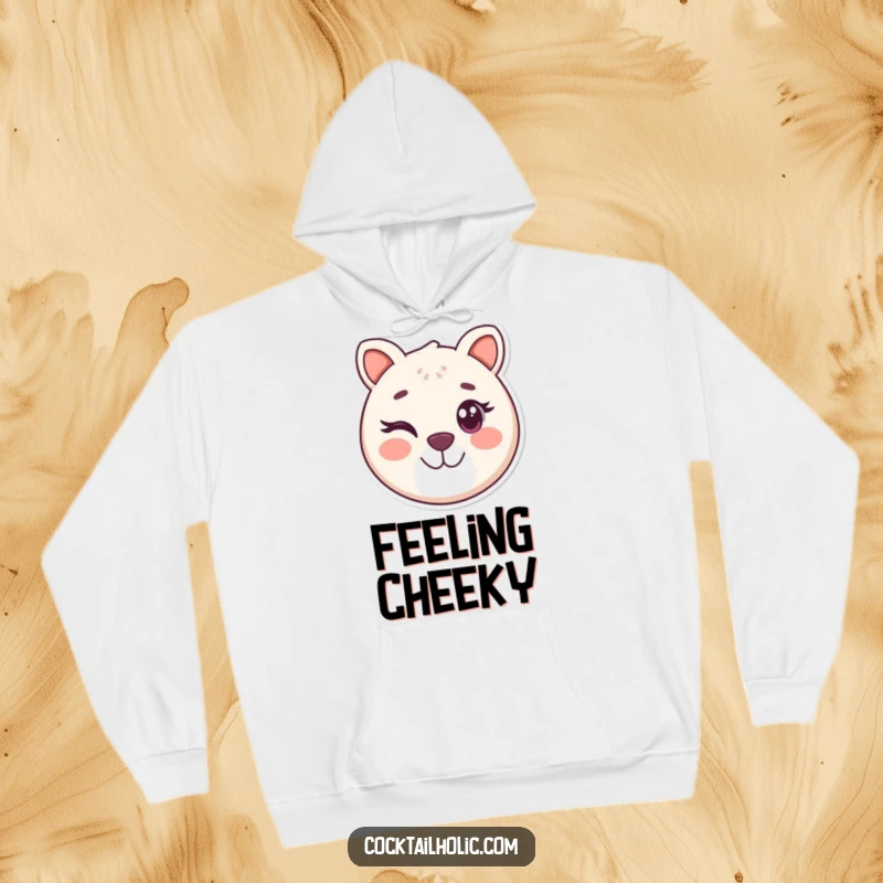 Funny hoodie featuring a round, happy animal face character giving a playful wink, cozy and humorous.