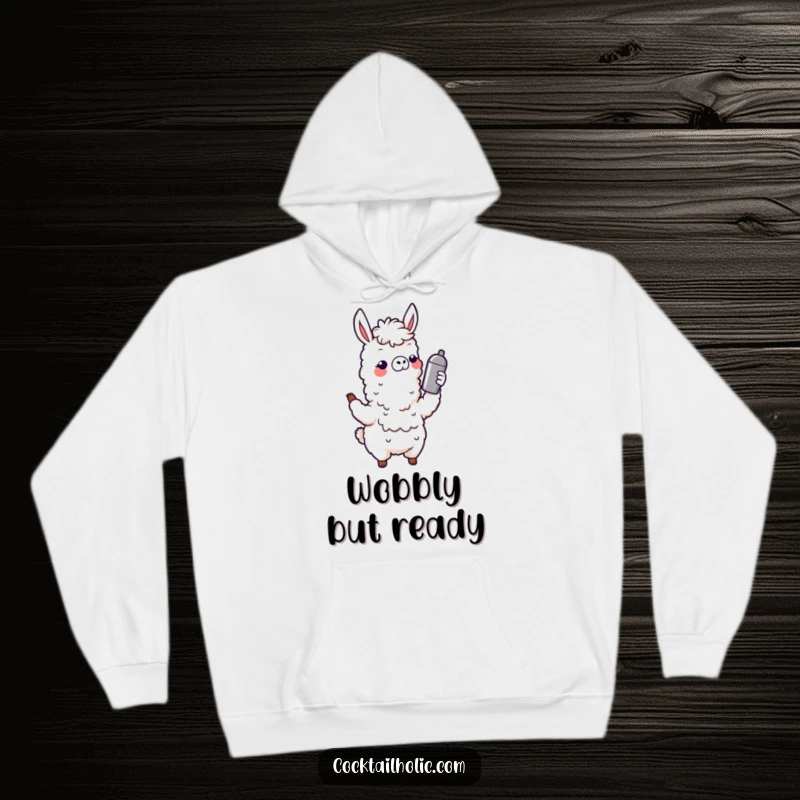 Funny Wobbly Llama Hoodie: A cute llama character humorously shaking a cocktail shaker, perfect for staying warm and stylish with a funny, festive vibe.