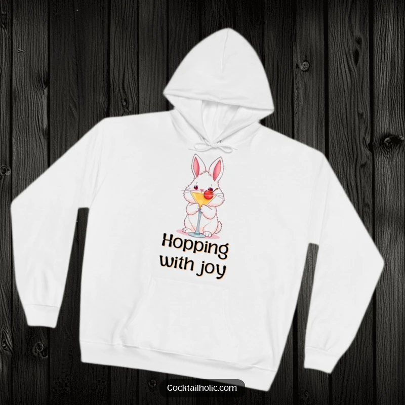 Funny fluffy bunny hoodie holding a martini glass with a cherry, a warm and humorous garment.