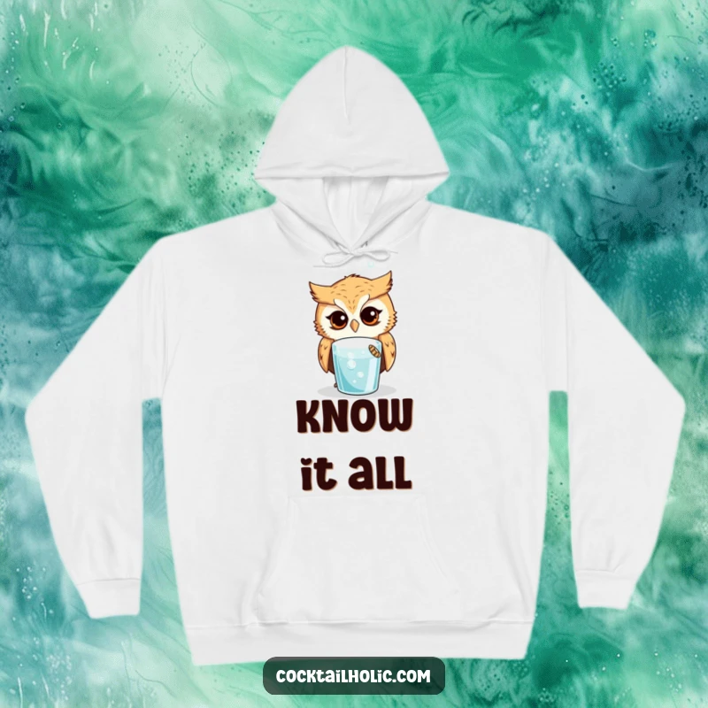 Funny Owl Hoodie: Curious owl looking intently at a bubbling drink, a warm and witty hoodie for cozy contemplation.