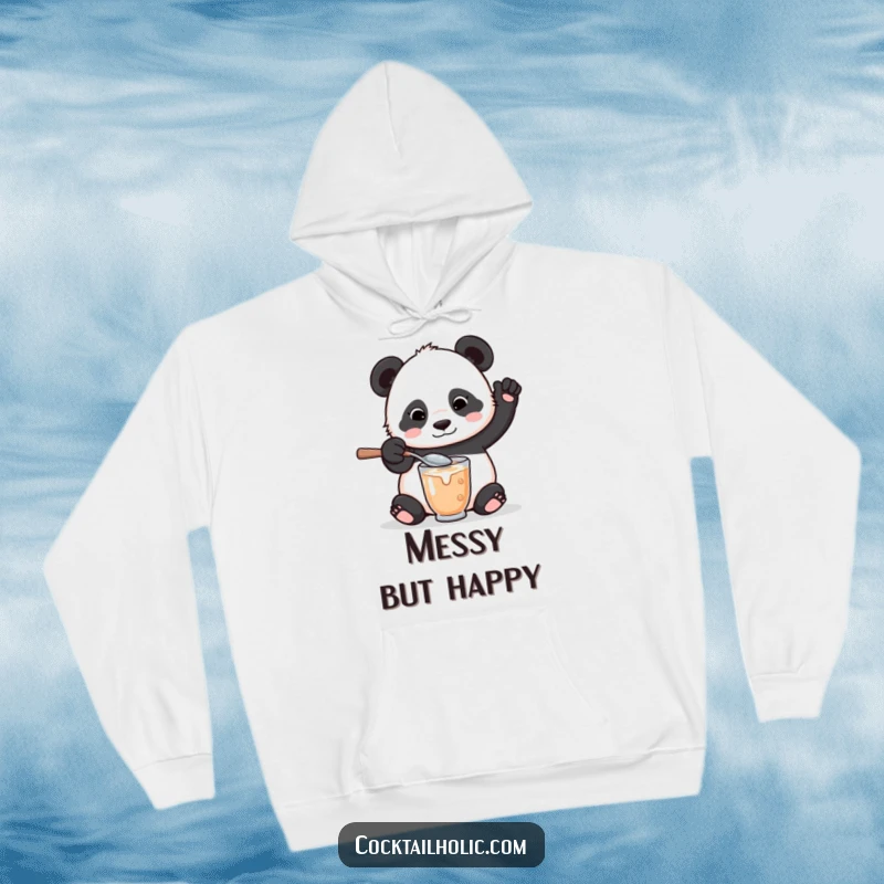 Funny hoodie featuring a playful panda bear with a comically oversized spoon, mixing a drink and spilling a little.