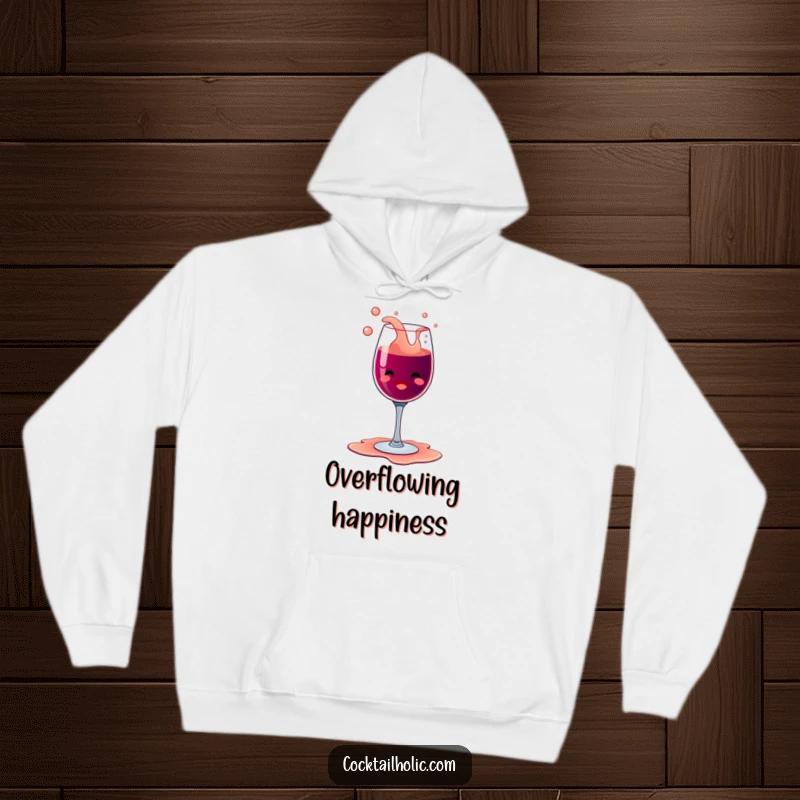 Funny happy wine glass character with bubbly overflow, spilling its contents with glee on a warm and funny hoodie.
