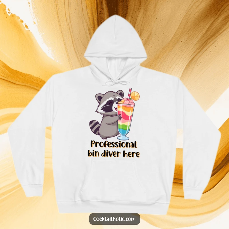 Funny raccoon hoodie, illustrates a determined raccoon stretching out a paw towards a colorful layered drink.