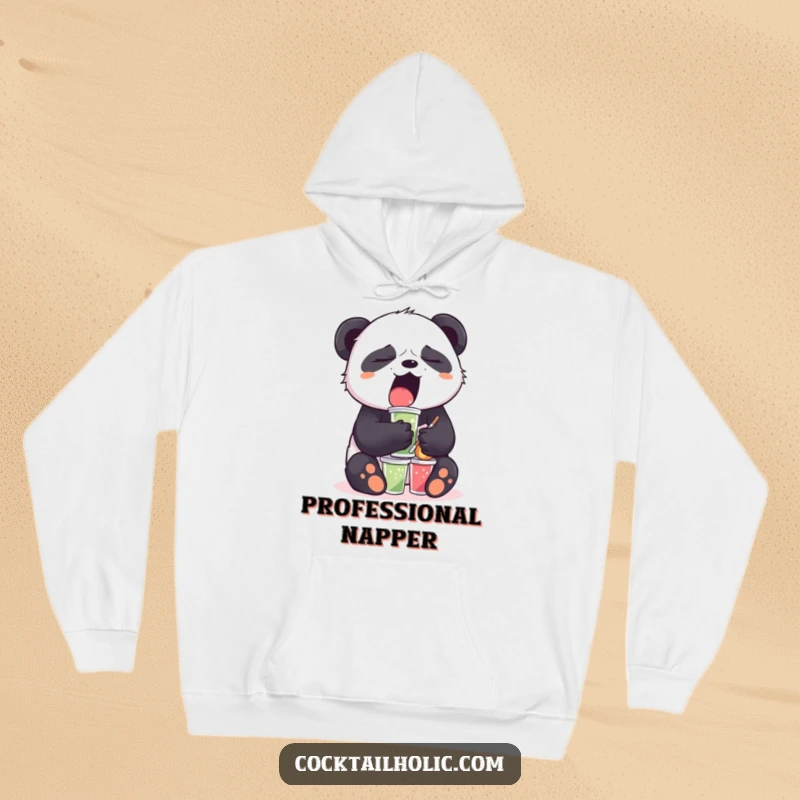 Funny Sleepy Panda Hoodie: A yawning panda balances mini drinks, offering warmth, comfort, and humorous relatability.