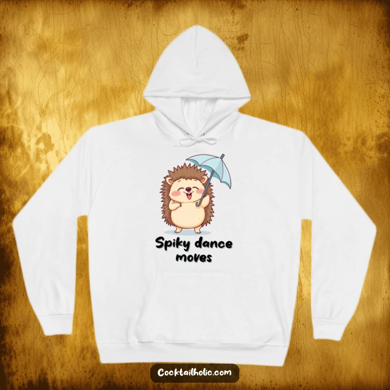 Funny, cozy hoodie featuring a giggling hedgehog doing a silly dance with a tiny umbrella in its paw.