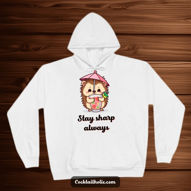 Funny Hoodie featuring a cheerful hedgehog expertly balancing a tiny umbrella in a fruity drink, perfect for staying warm and happy.