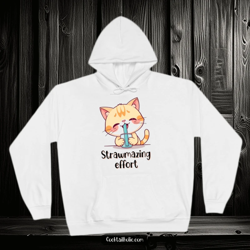 Funny hoodie depicting a giggling cat trying to use a comically large straw, a warm and amusing gift.