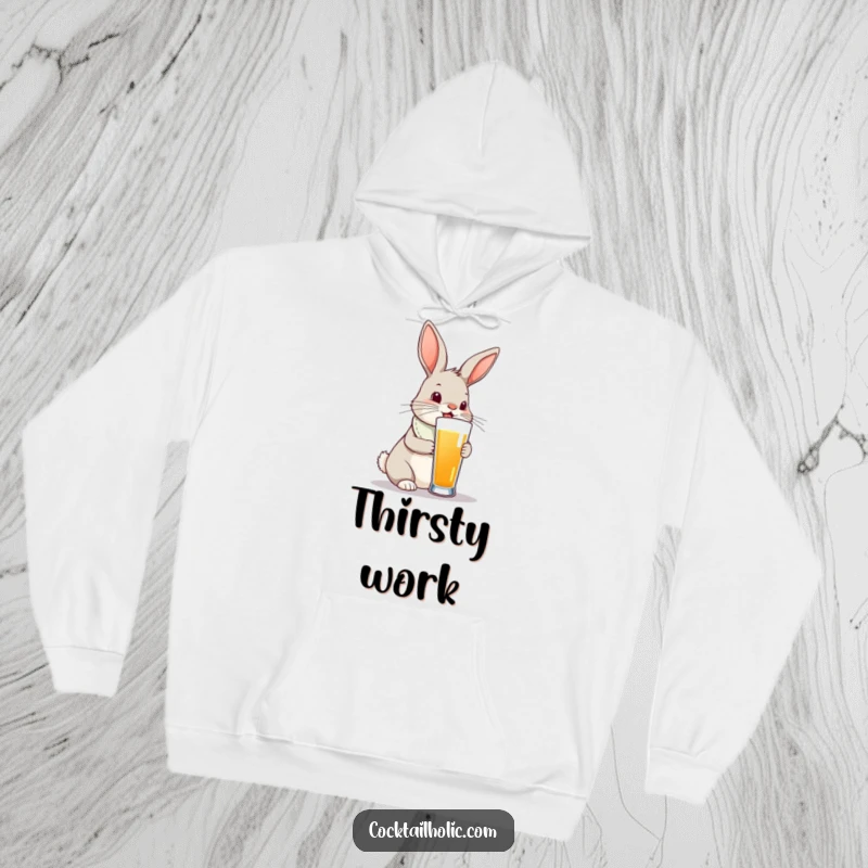 Funny bunny rabbit wearing a bib, reaching for a ridiculously tall drink, on a cozy hoodie.