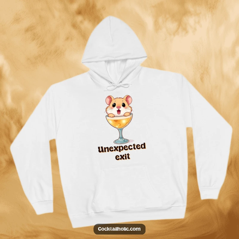 Funny hamster hoodie, depicting a hamster popping out of a small cocktail glass with a shocked, wide-eyed expression.