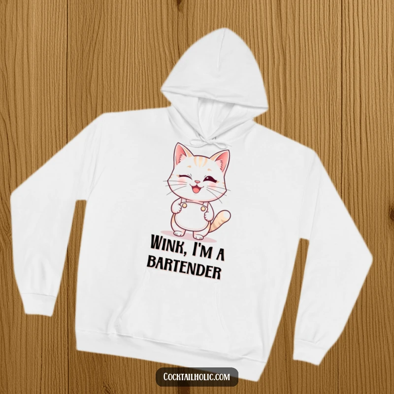 Funny winking cat bartender hoodie, a warm and humorous garment for ultimate comfort and style.