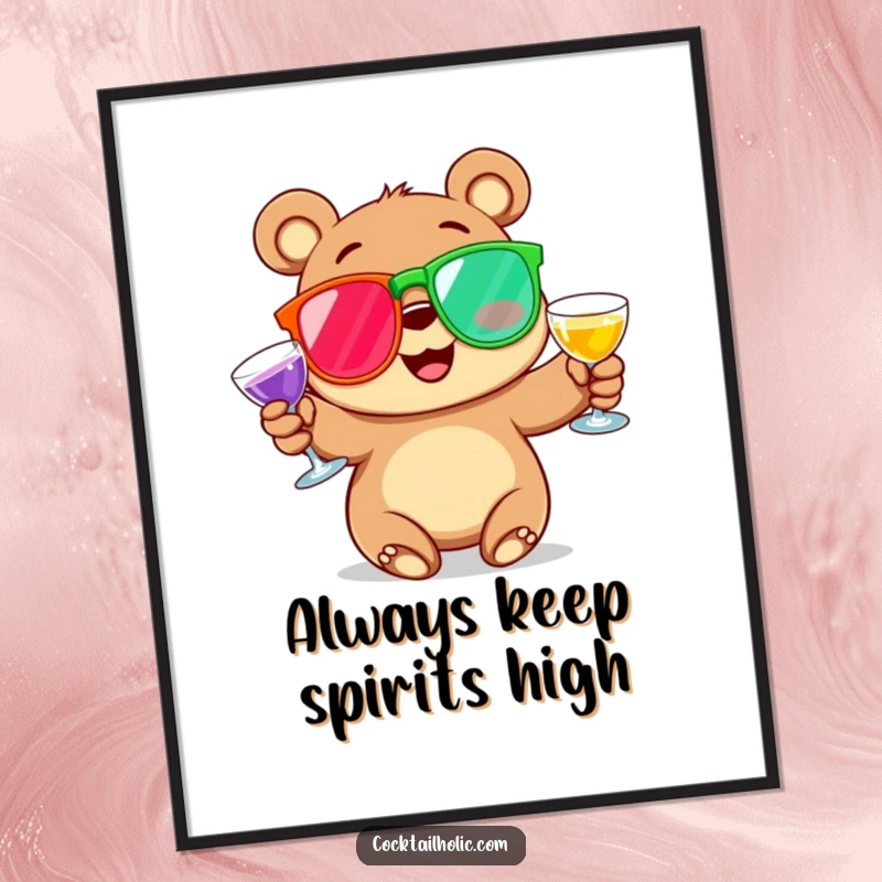 Funny Free Printable Wall Art: Cartoon bear with rosy cheeks joyfully juggling oversized cocktail glasses.