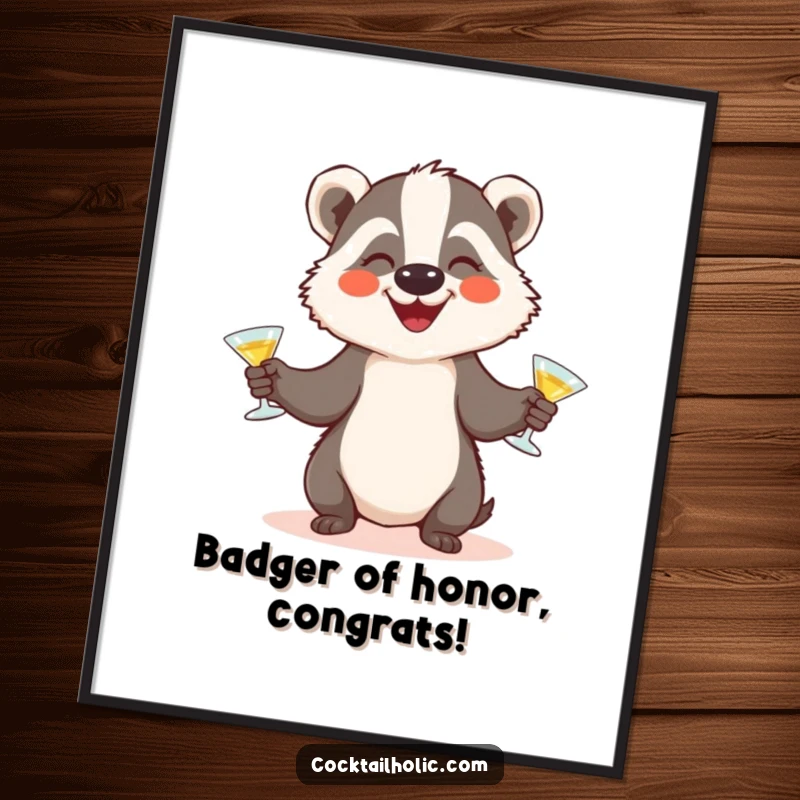 Funny free printable wall art: a joyful badger skillfully juggles three tiny cocktails, creating a lively scene.