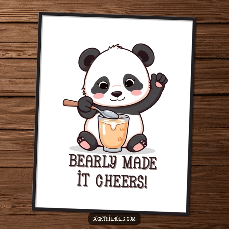 Funny Free Printable Wall Art: A panda bear attempts to mix a drink with a comically large spoon, spilling slightly.