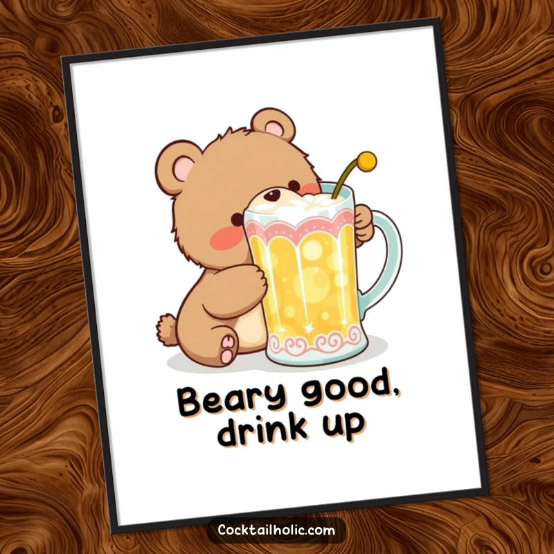 Funny Free Printable Wall Art: A giggling bear cub attempting to secretly drink from a large cocktail mug.