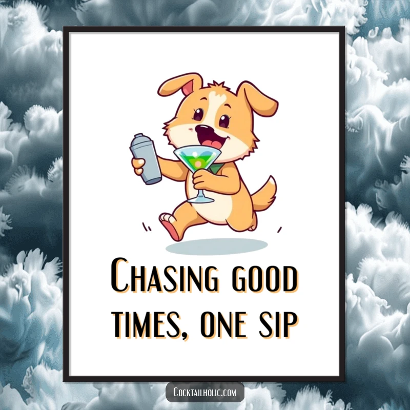 Funny Free Printable Wall Art: Energetic dog playfully chasing a cocktail shaker, capturing pure, unadulterated joy and fun.