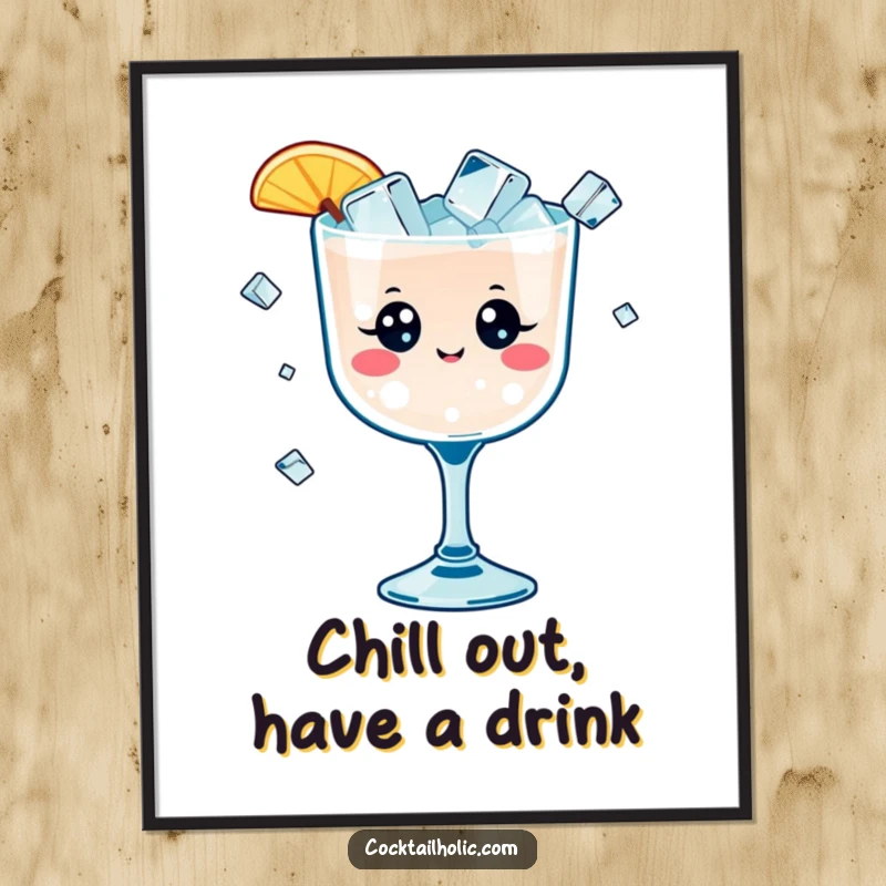 Funny Free Printable Wall Art: Cheerful kawaii cocktail glass with wide eyes skillfully juggles a cascade of tiny ice cubes, bringing fun vibes.