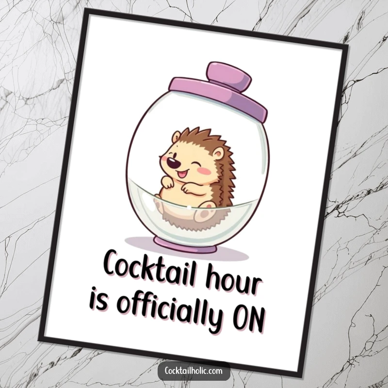 Funny Free Printable Wall Art: A joyful, giggling hedgehog comically rolling inside a large, empty cocktail shaker, a unique decor piece.