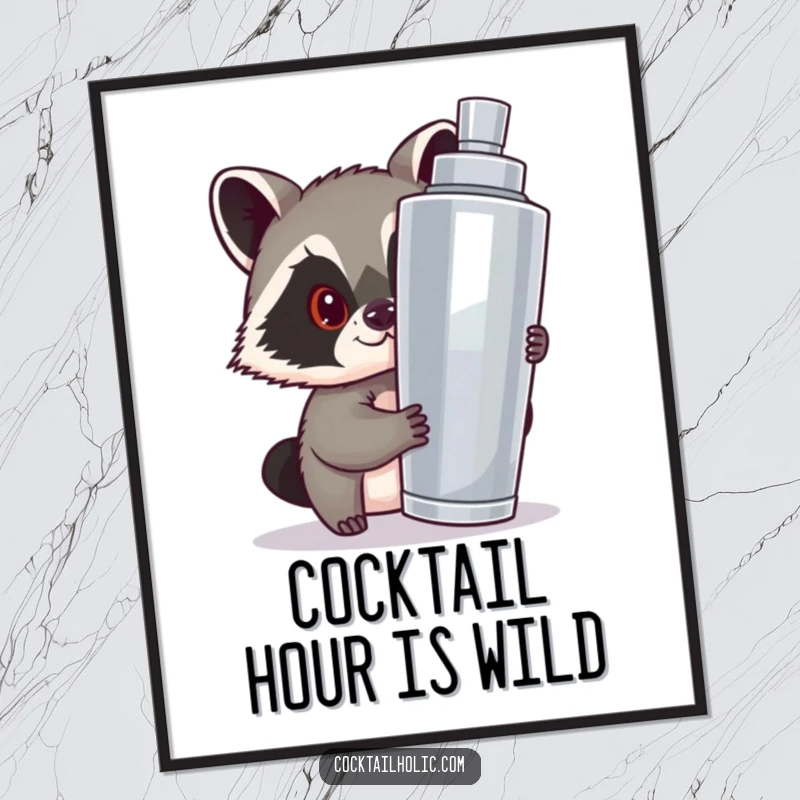 Funny Free Printable wall art featuring a mischievous raccoon peeking from behind a large cocktail shaker.