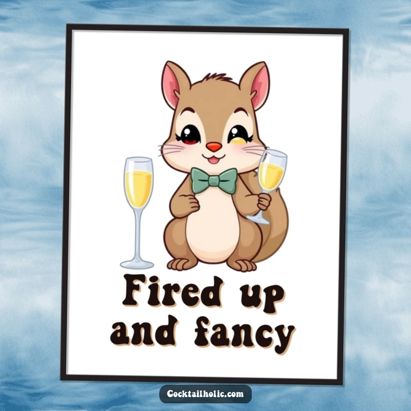 Funny Free Printable Wall Art: Squirrel wearing a tiny bow tie, holding a champagne flute, sophisticated and humorous art.
