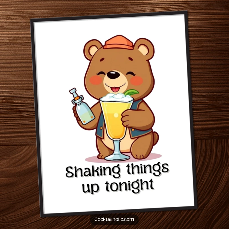 Funny Free Printable Wall Art: Cheerful bear bartender shaking a cocktail, with lots of froth, bar or man cave decor.