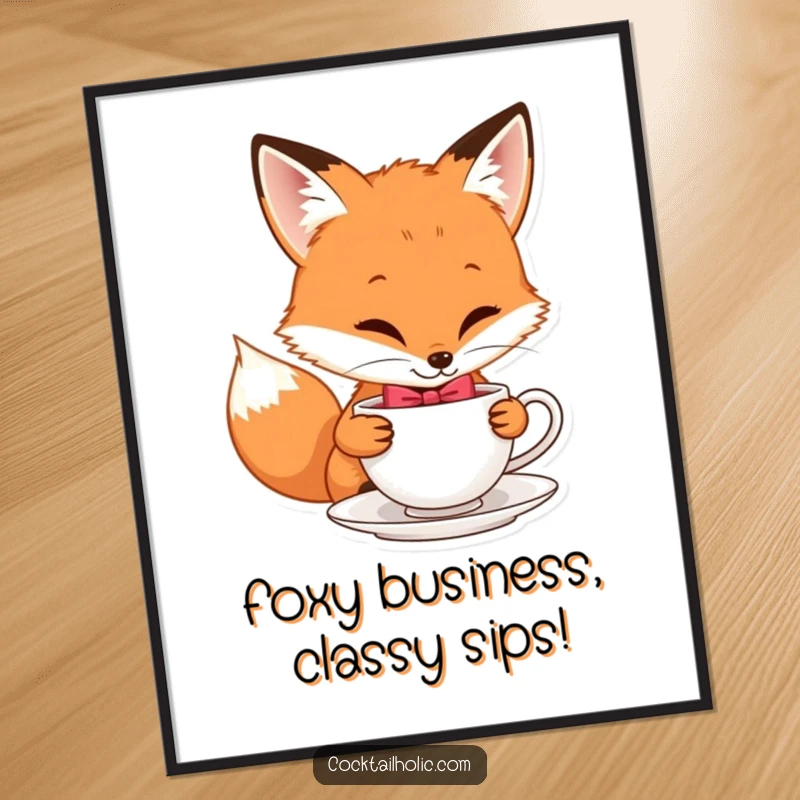 Funny Free Printable Fox Wall Art: A playful fox character wearing a bow tie sips from a tiny teacup with poise.