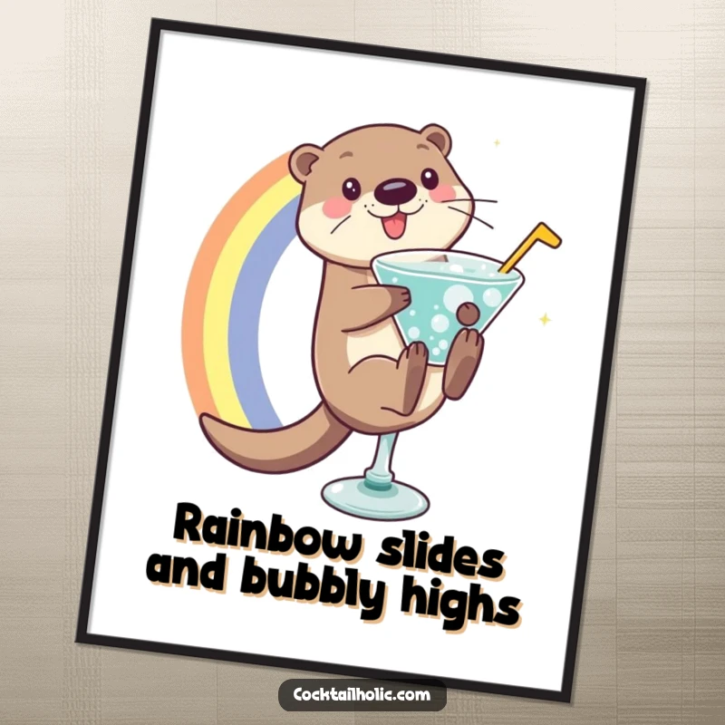 Funny Free Printable Wall Art: An otter slides down a rainbow into a bubbly cocktail glass, bringing vibrant joy.