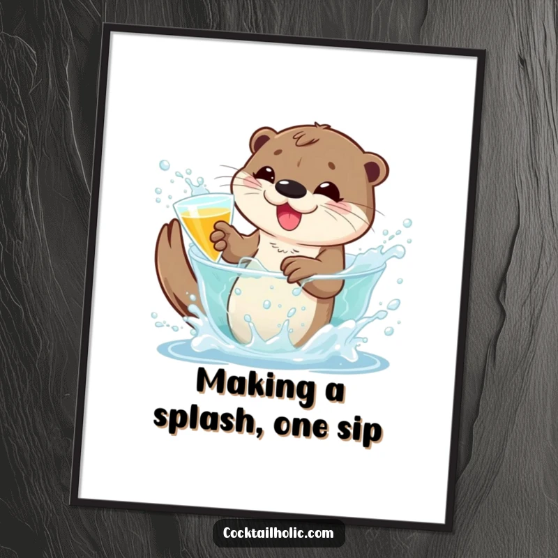 Funny Free Printable Wall Art: Playful otter splashing in a bubbly cocktail, capturing pure aquatic joy and cheerful vibes.