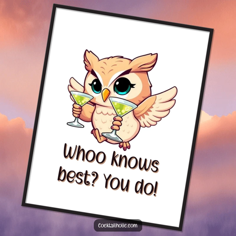 Funny Free Printable Owl Wall Art: A winking owl character clutches a martini glass while soaring gracefully, exuding cool.