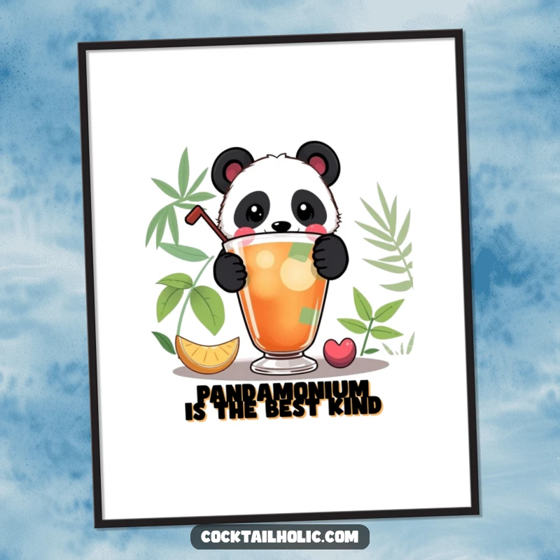 Funny Free Printable Wall Art: Playful panda peeking over a large, colorful cocktail, creating a fun atmosphere.