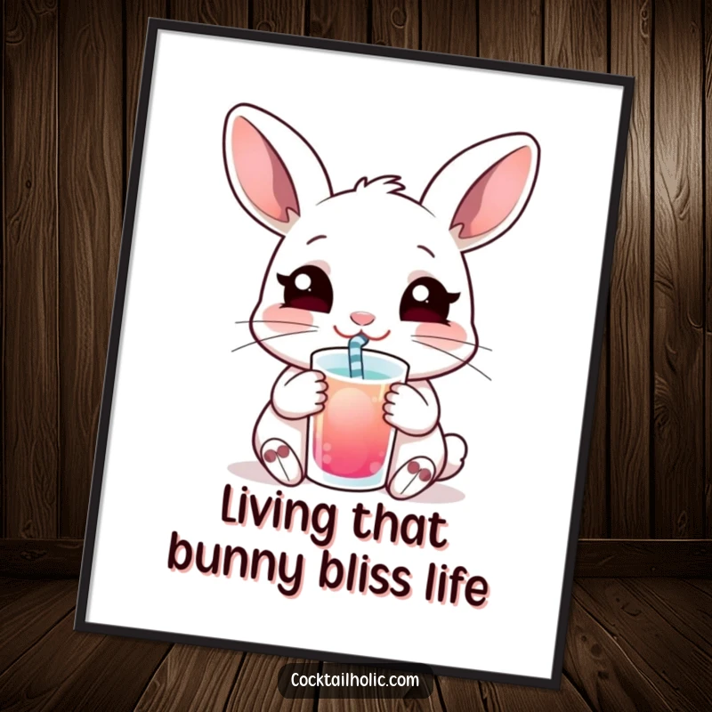 Funny Free Printable wall art of a content rabbit sipping a drink through a straw with a smile.