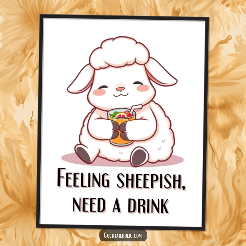 Funny Free Printable Wall Art: Contented sheep relaxing with a small, fruity beverage, radiating peace and calm.