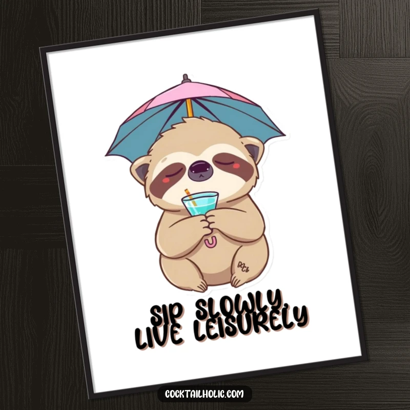 Funny Free Printable Wall Art: Sleepy sloth with a cocktail umbrella in fur, embodying ultimate relaxation and humor.