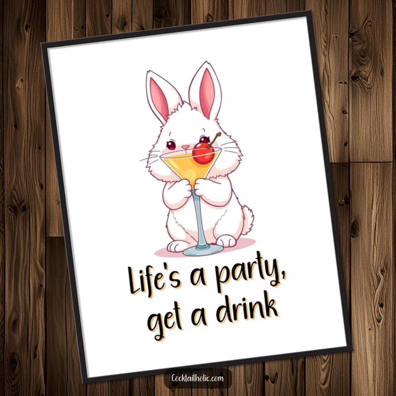 Funny Free Printable Wall Art: A fluffy bunny holding a martini glass with a cherry, looking chic.