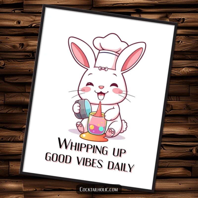 Funny Free Printable Wall Art: Cheerful bunny in a chef hat humorously spills bright colored liquid from a shaker, adding fun.