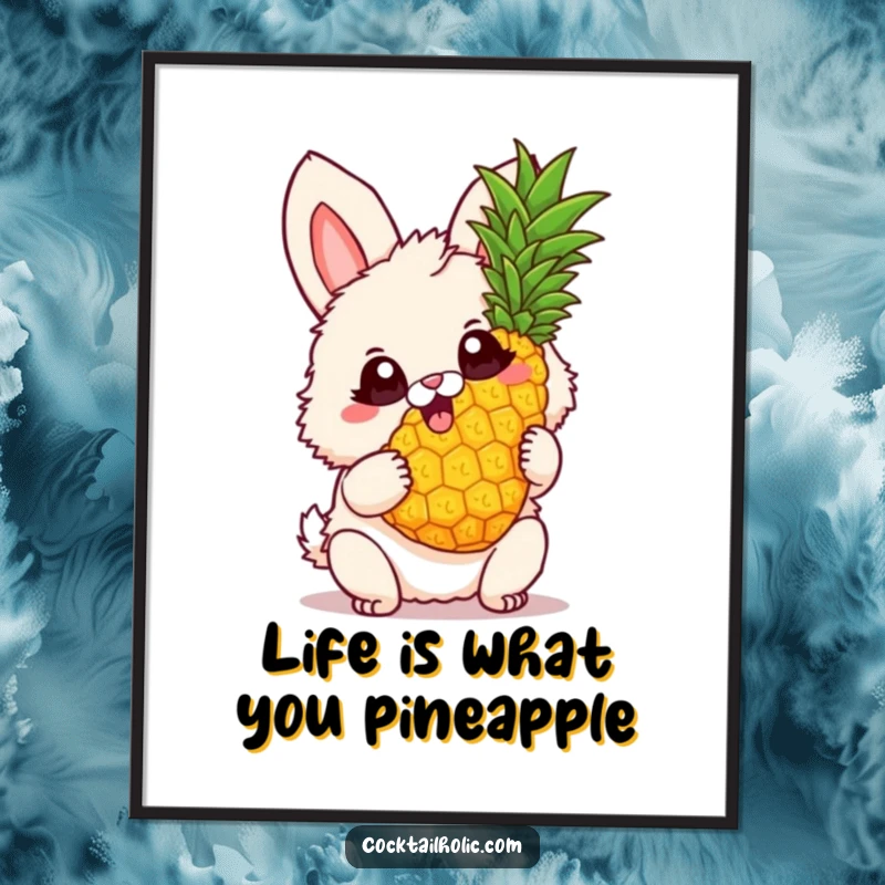 Funny Free Printable Wall Art: Excited fluffy bunny holding a dynamically twirling pineapple, adding tropical cheer.