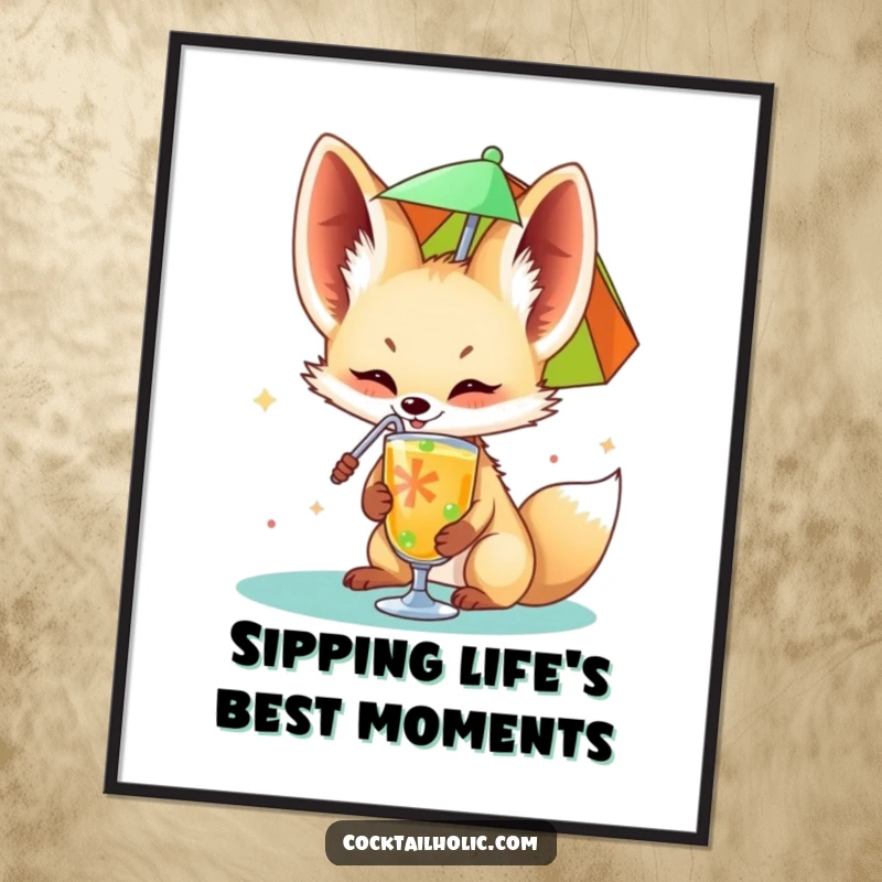 Funny Free Printable Wall Art: A fennec fox happily sips from a colorful drink umbrella, looking relaxed.