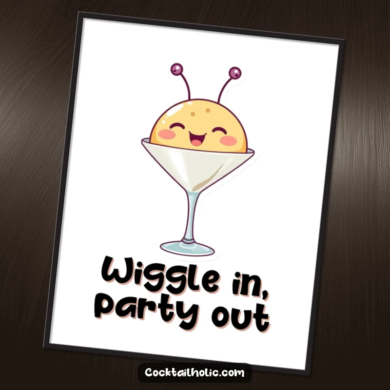 Funny Free Printable Creature Wall Art: Happy round creature with wiggling antennae peeks from a martini glass, bringing playful vibes.