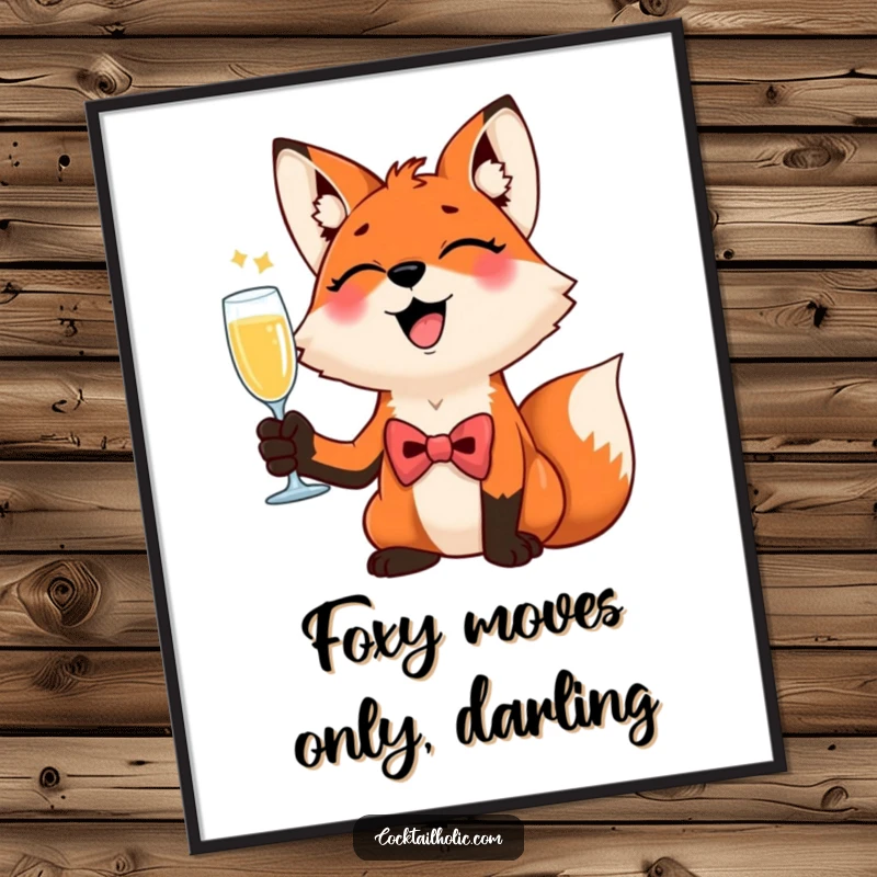 Funny Free Printable Wall Art: A giggling fox wearing a bow tie raises a tiny champagne flute, exuding playful sophistication and humor.