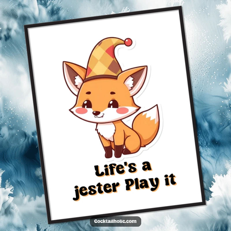 Funny Free Printable Wall Art: Cute fox wearing a jester hat, tipping it with a sly, mischievous grin.