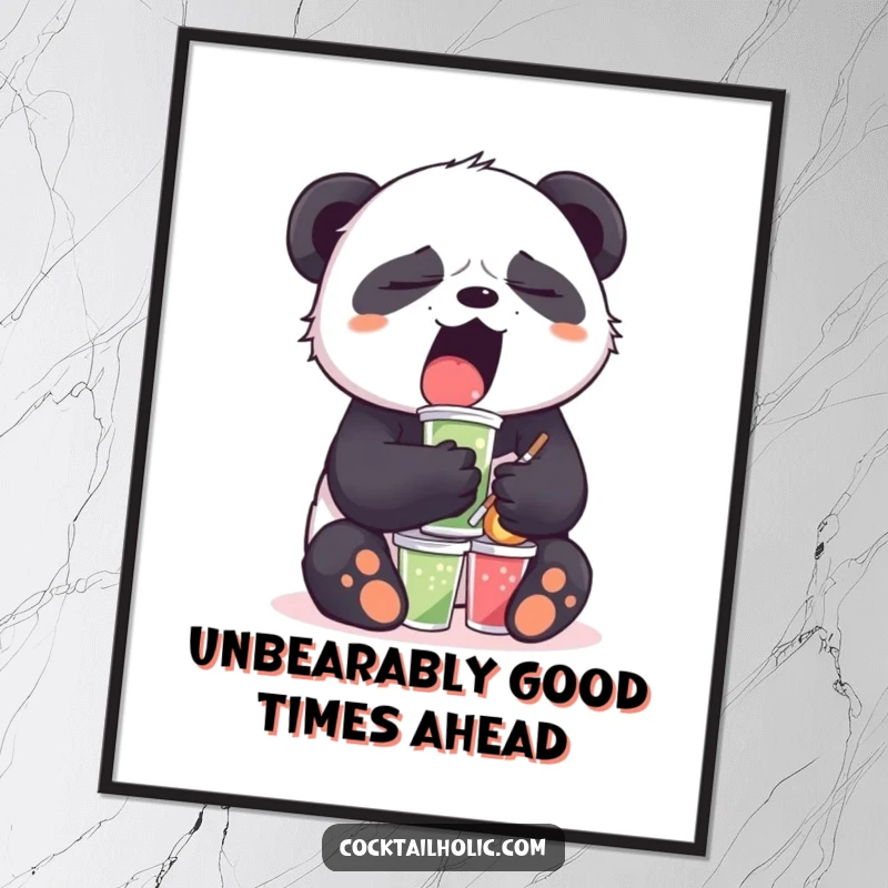 Funny Free Printable Wall Art: A sleepy panda yawns while balancing a stack of mini drinks, creating a humorous and relatable scene.