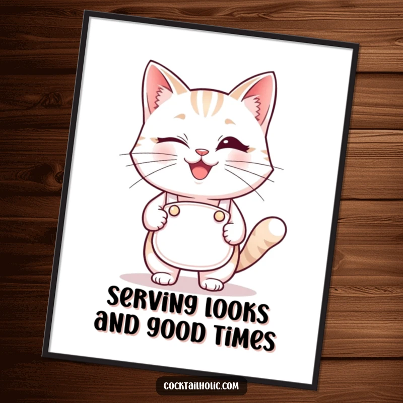 Funny Free Printable Wall Art: A smiling cat wearing a tiny bartender apron winks, adding flair.