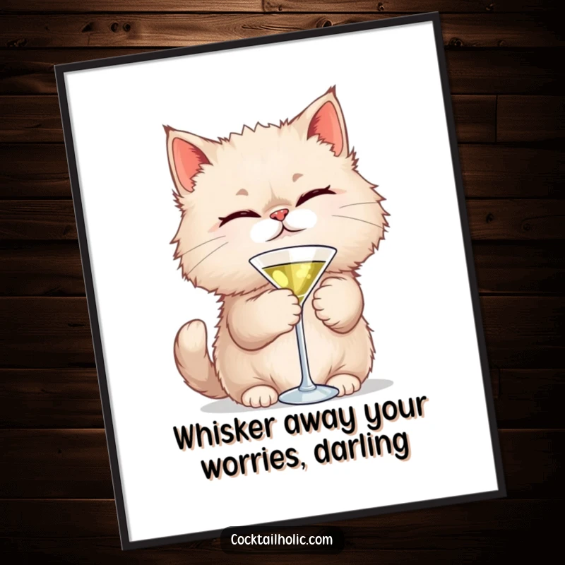 Funny Free Printable Wall Art: A fluffy cat winks while holding a tiny martini glass, exuding playful charm and humor.