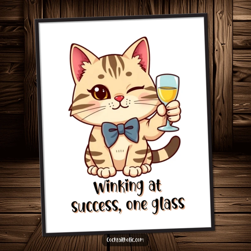 Funny Free Printable Wall Art: A stylish cat in a bow tie winks while holding up a glass.