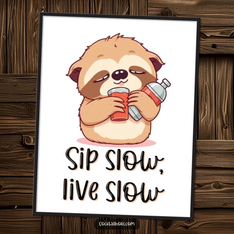 Funny Free Printable Wall Art: A cute, drowsy sloth relaxing with a small stuffed cocktail shaker.