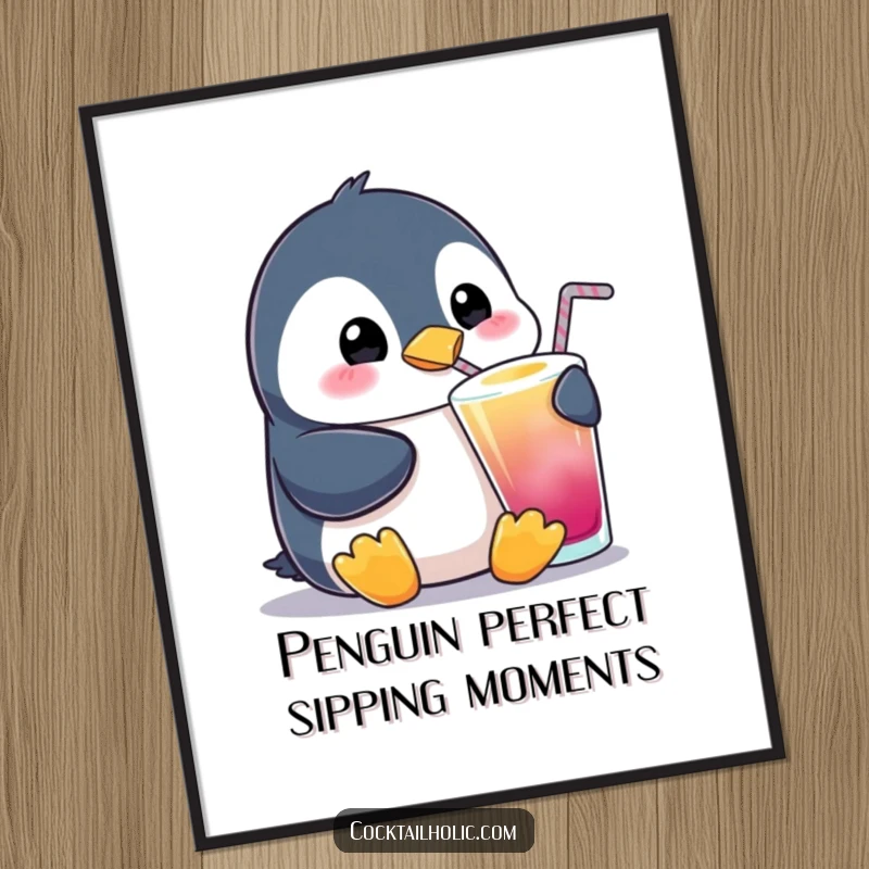 Funny Free Printable Wall Art: A plump, happy penguin character with a cheerful expression, enjoying a colorful beverage, adding fun to decor.