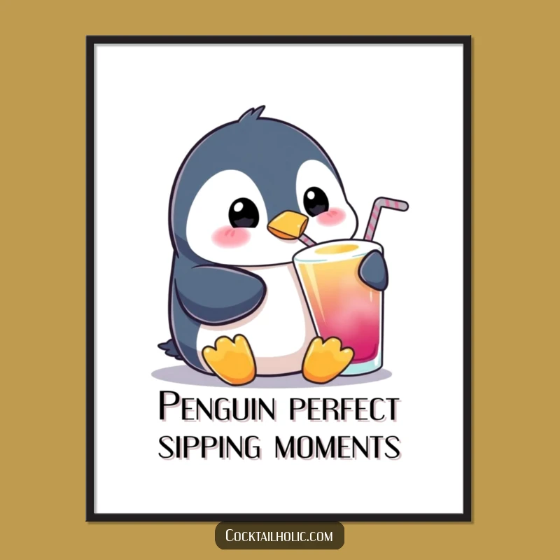 Funny Free Printable Wall Art: Penguin Sipping Drink - Whimsical Downloadable Decor