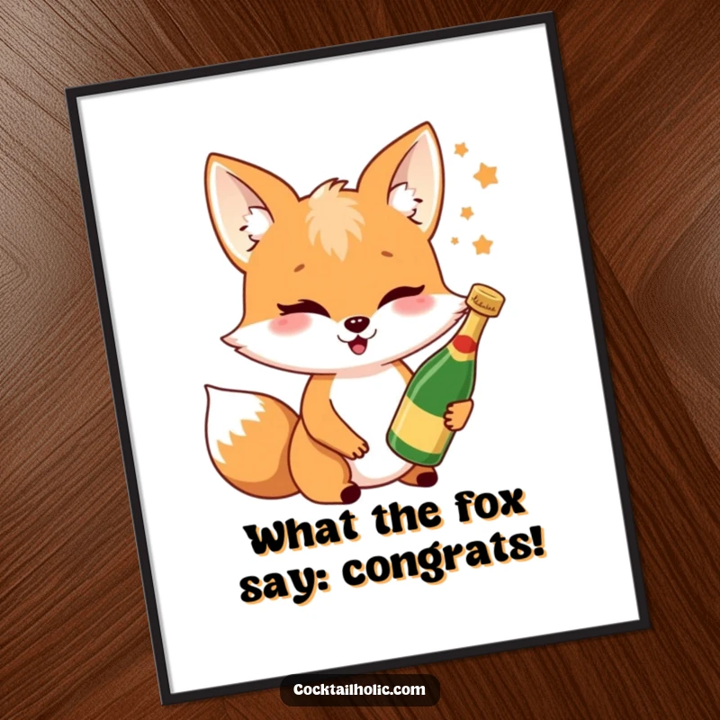 Funny free printable wall art: a cheerful fox winks, brandishing a tiny champagne bottle, full of mischief.
