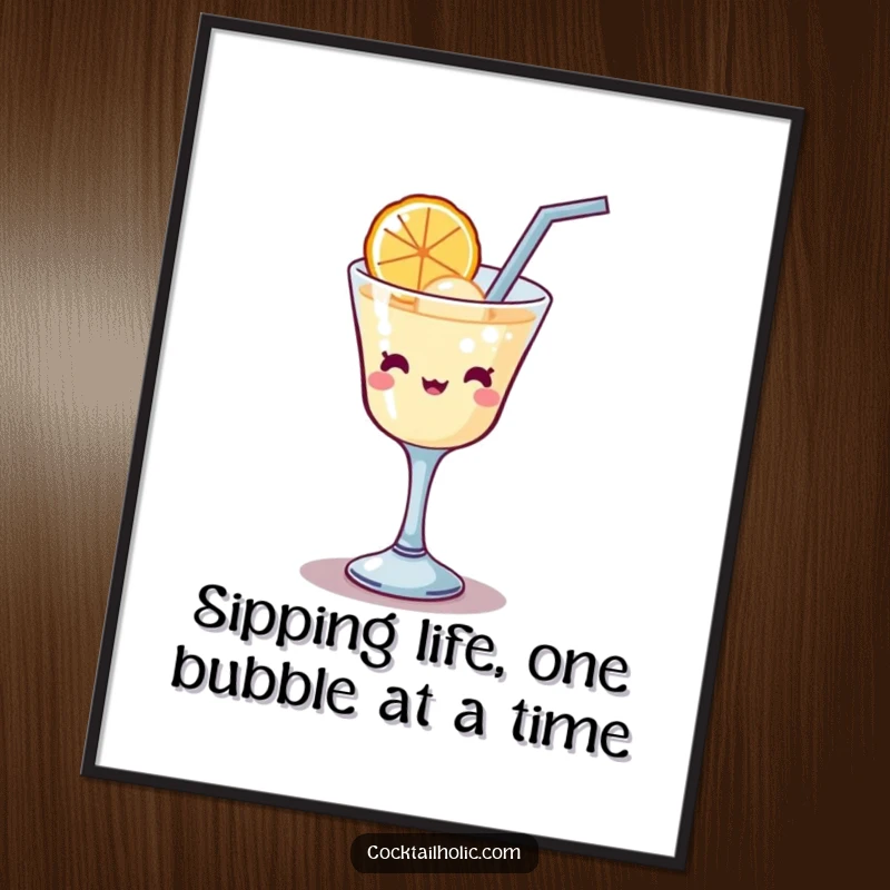 Funny free printable wall art: a cute kawaii cocktail glass attempting to sip a huge bubble with a straw, looking thirsty.