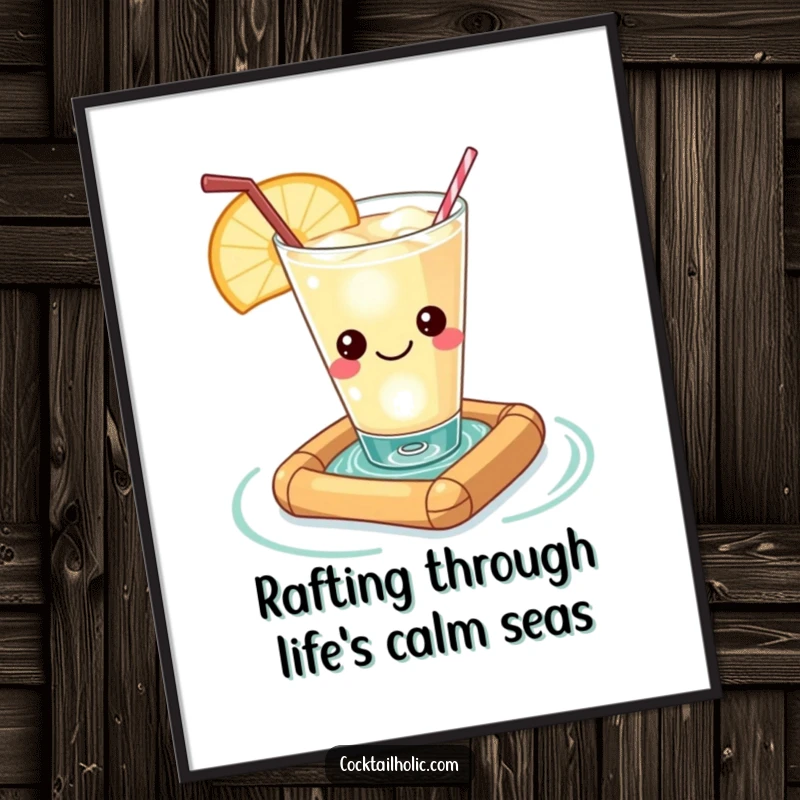 Funny free printable wall art: a content kawaii cocktail glass peacefully floating on a miniature raft, embodying relaxation.